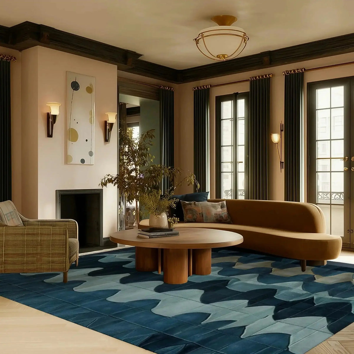 A beautifully designed living room featuring a Fluid Motion Hand Tufted Rug. The contemporary square area rug, with its abstract blue pattern, complements the cozy seating arrangement and wooden coffee table. Ideal for those seeking modern rugs for living room and bedroom spaces. This wool rug adds a touch of elegance and warmth to any setting.