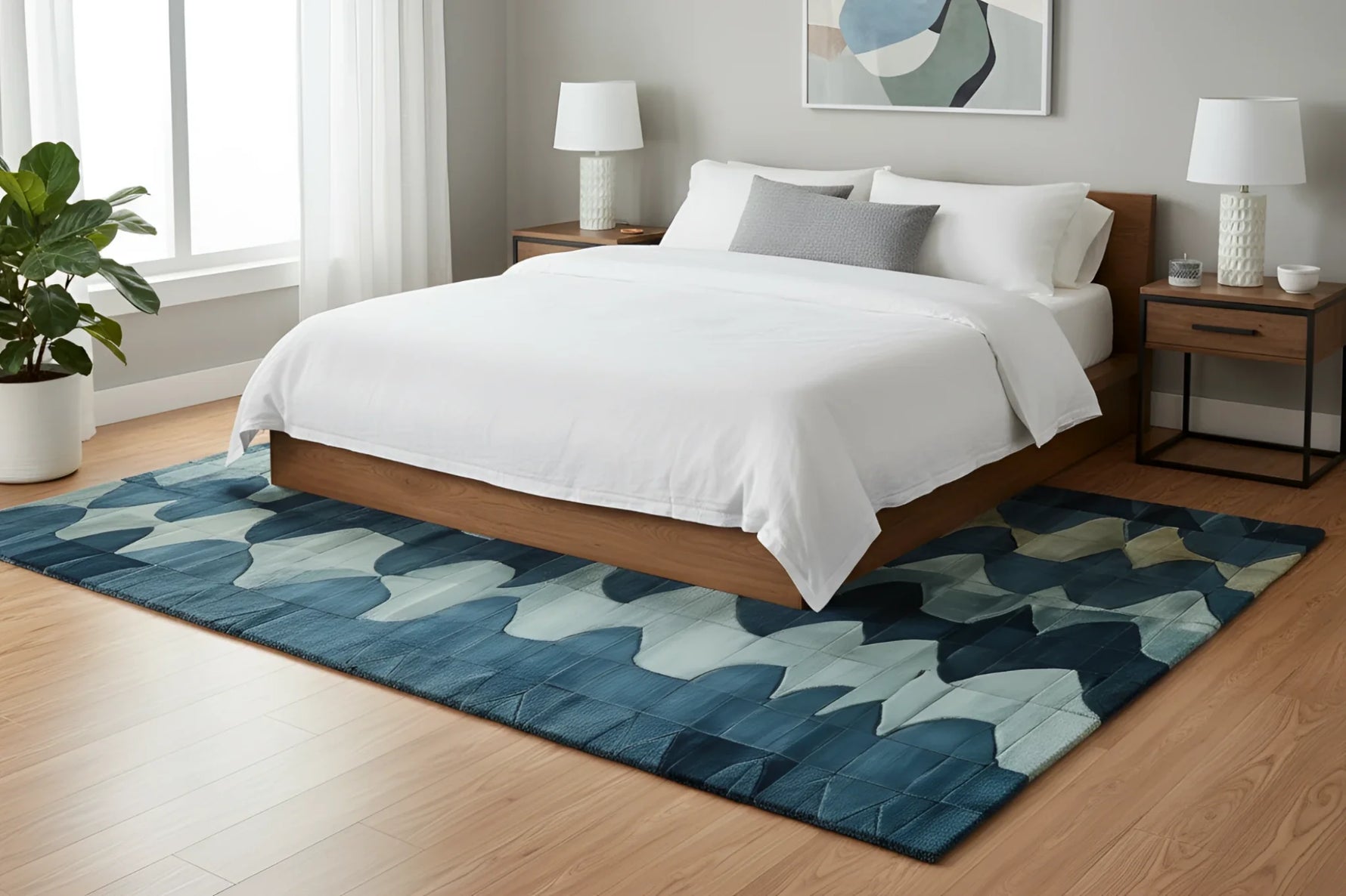 Bedroom with a wooden bed, white bedding, and a blue patterned rug.