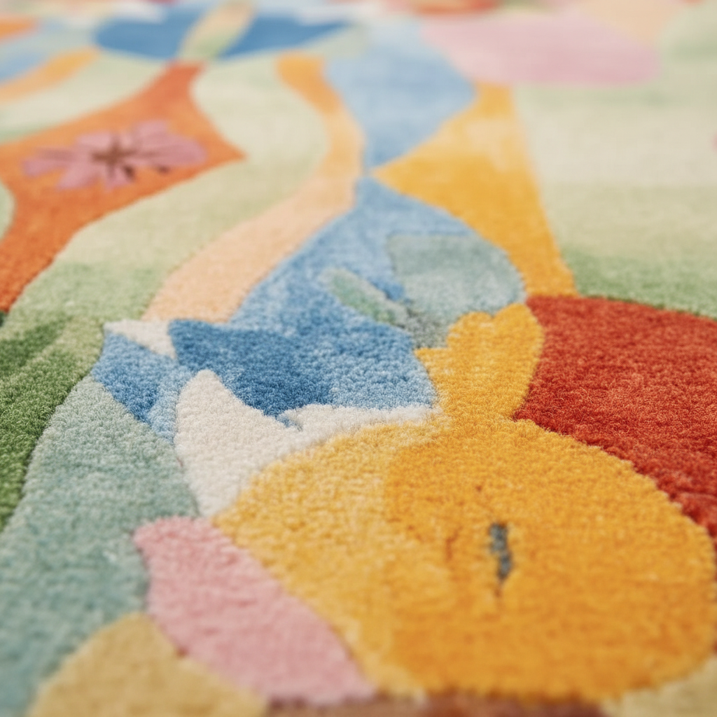 Close-up of a colorful rug with geometric patterns