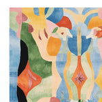 Colorful abstract design of the Fluid Prism Pulse Hand Tufted Rug, showcasing a vibrant mix of colors like blue, orange, green, and yellow. This square area rug is a contemporary wool rug perfect for adding a splash of color to living room area rugs.