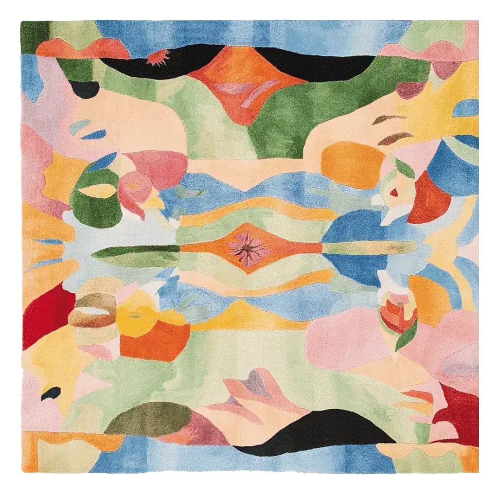 A vibrant, square area rug featuring an abstract design with a blend of colorful shapes and patterns. This contemporary wool rug is perfect for adding a splash of color to modern living room spaces.