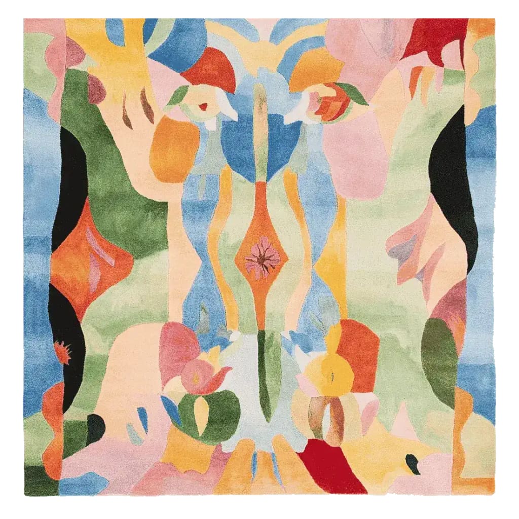 A vibrant and abstract square area rug titled 'Fluid Prism Pulse Hand Tufted Rug'. The wool rug features a contemporary design with a mix of bold colors like orange, blue, green, and pink, creating a lively atmosphere. Perfect for adding a pop of color to living room area rugs.