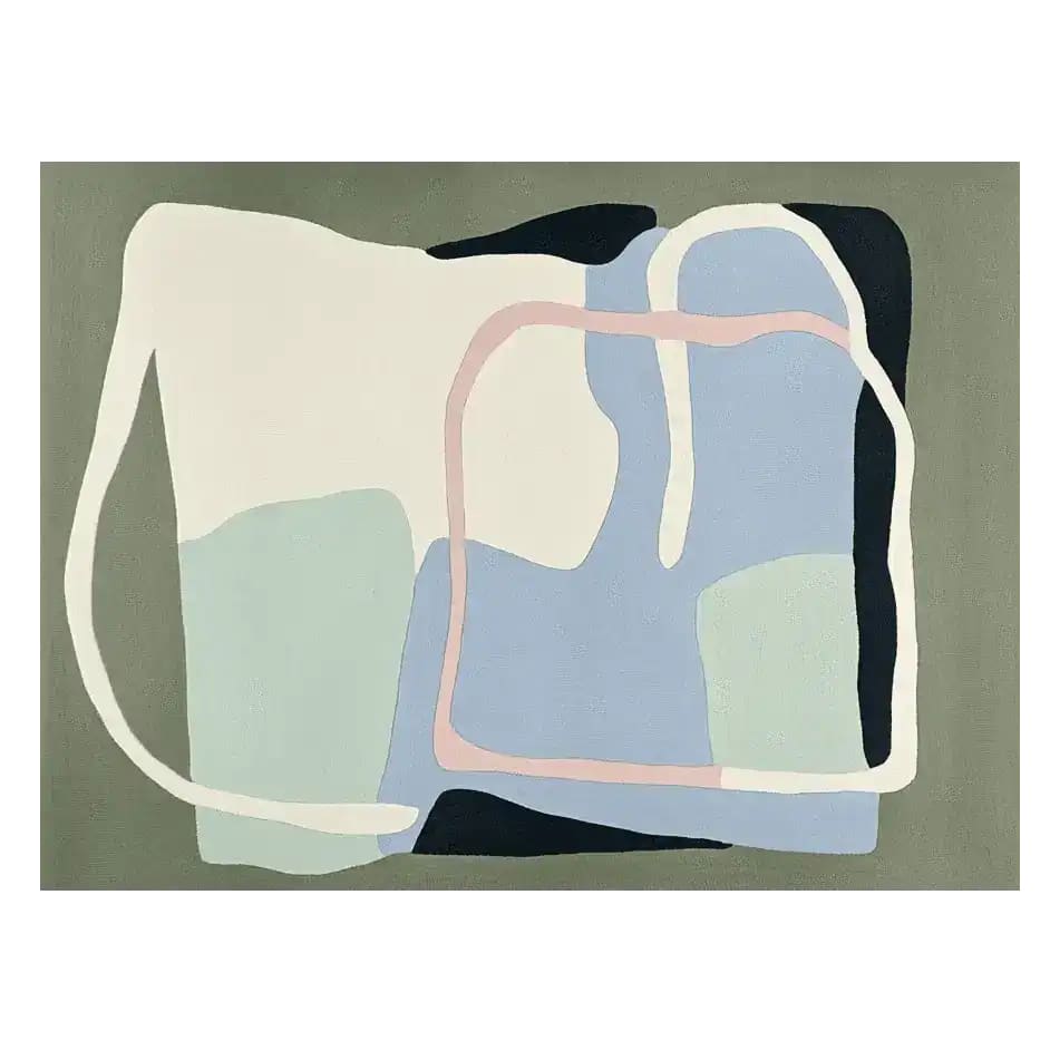 A contemporary area rug with an abstract design featuring soft pastel colors of blue, green, and beige, ideal for living room decor. This wool rug adds a modern touch to any space, making it perfect for those seeking stylish living room area rugs.