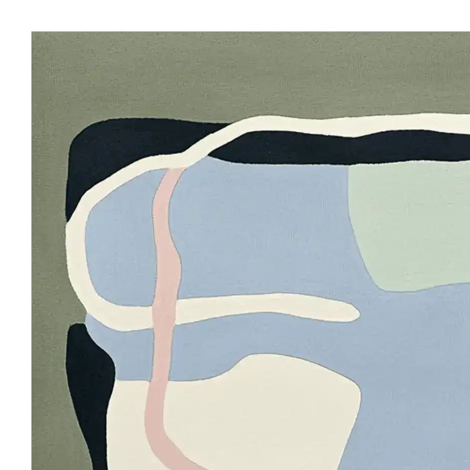 A contemporary area rug with abstract fluid shapes in muted tones of blue, green, and cream, perfect for adding a modern touch to living room spaces. This hand tufted wool rug showcases unique artistic patterns, making it an ideal choice for those seeking stylish living room area rugs.