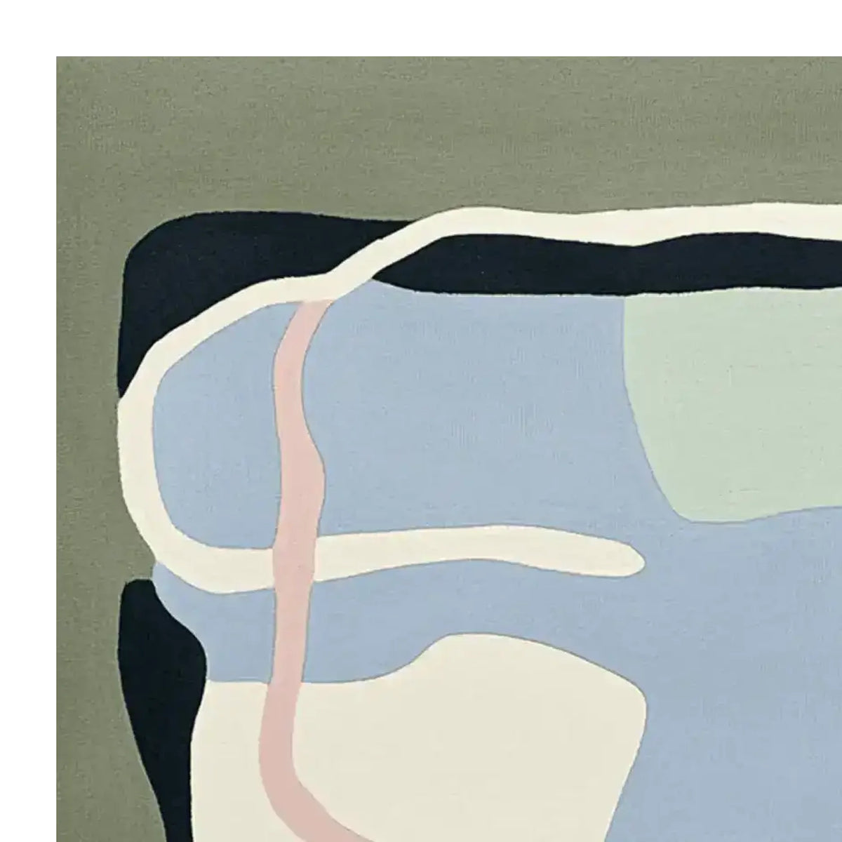 A contemporary area rug with abstract fluid shapes in muted tones of blue, green, and cream, perfect for adding a modern touch to living room spaces. This hand tufted wool rug showcases unique artistic patterns, making it an ideal choice for those seeking stylish living room area rugs.