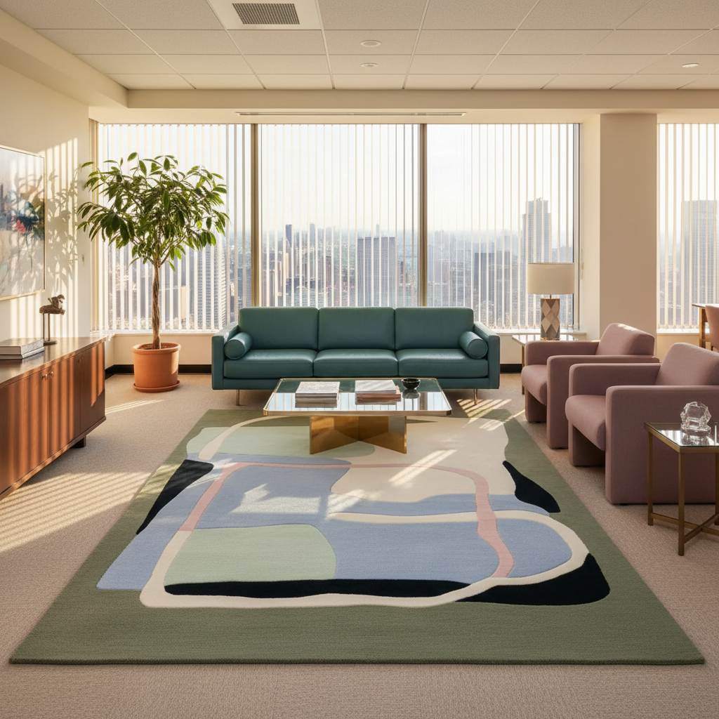 Modern office lounge with a large abstract rug, green sofa, and large windows.