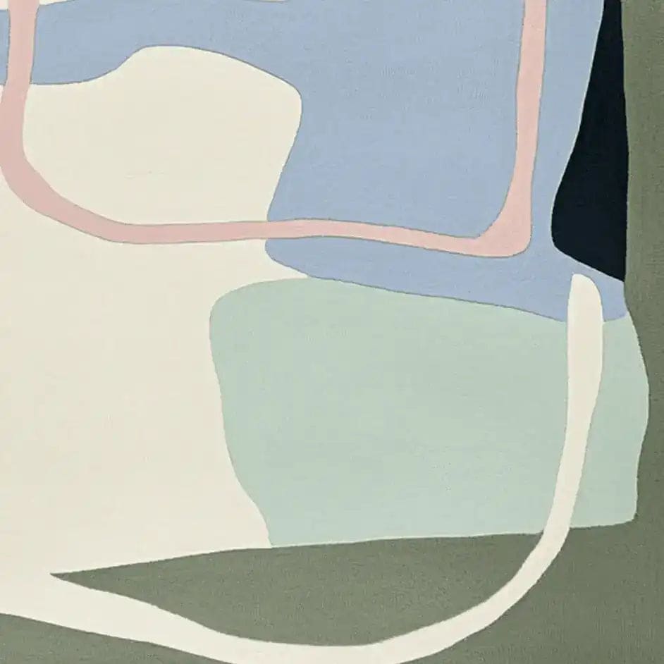 A contemporary area rug with an abstract fluid shape design in soft pastel colors, perfect for adding a modern touch to living room spaces. This wool rug showcases a unique blend of blue, pink, and green tones, making it an ideal choice for those seeking stylish rugs for living room decor.