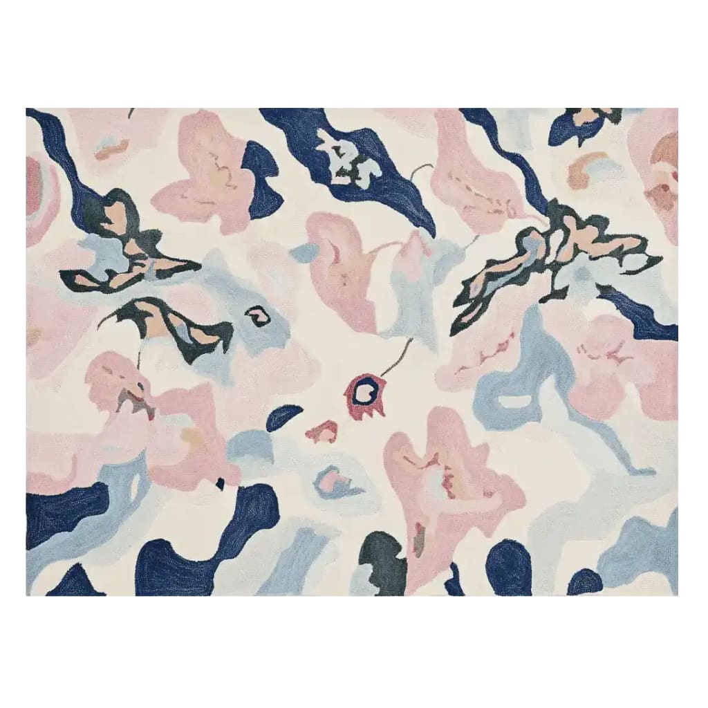 Top view of a Fluid Shape Tangle Hand Tufted Area Rug showcasing a contemporary abstract design in soft pink, blue, and cream colors. This wool rug is perfect for large living room spaces, adding a modern touch to any home decor.