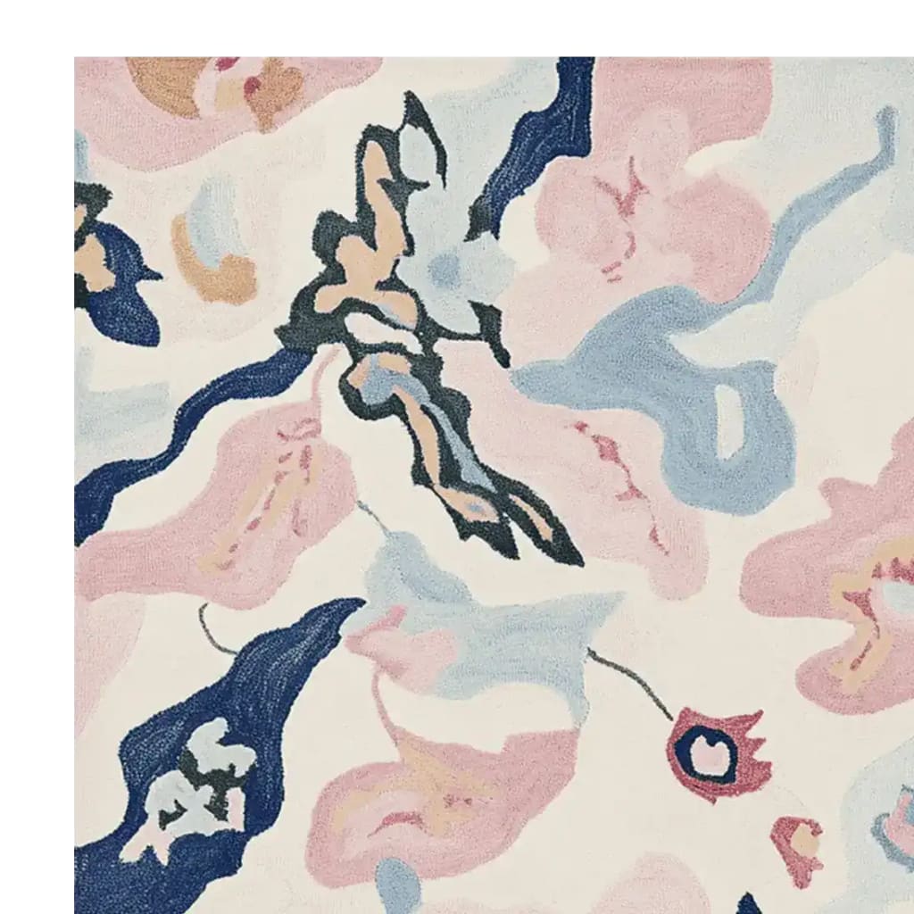 This image showcases a Fluid Shape Tangle Hand Tufted Area Rug, featuring an abstract design with pastel colors like pink, blue, and beige. The contemporary wool rug is perfect for adding a stylish touch to large living rooms, making it an ideal choice for area rugs for living room spaces.