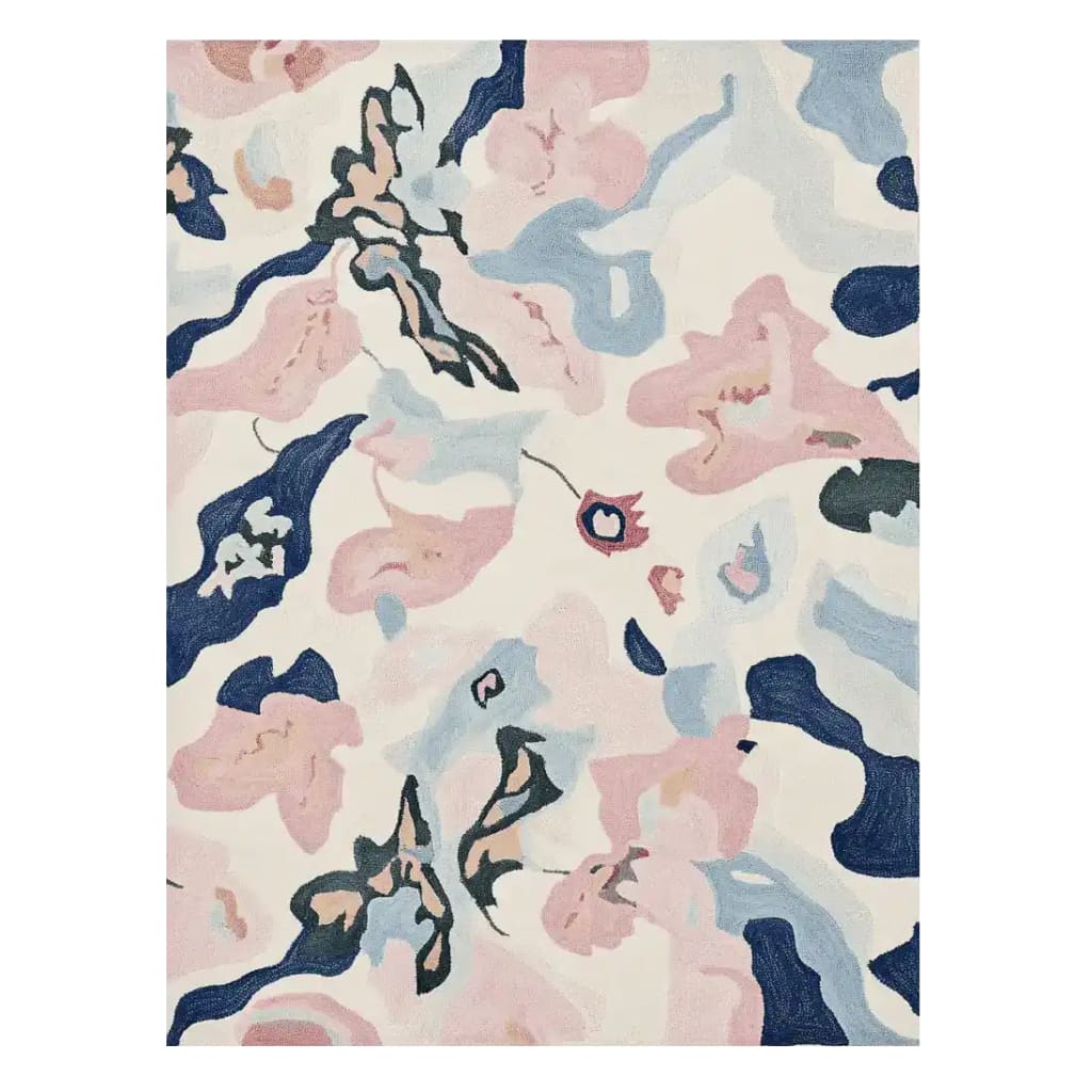 Top view of a contemporary area rug featuring an abstract fluid shape design in soft pink, blue, and ivory tones. This hand-tufted wool rug adds a modern touch to large living room spaces, perfect for those seeking stylish area rugs for the living room.