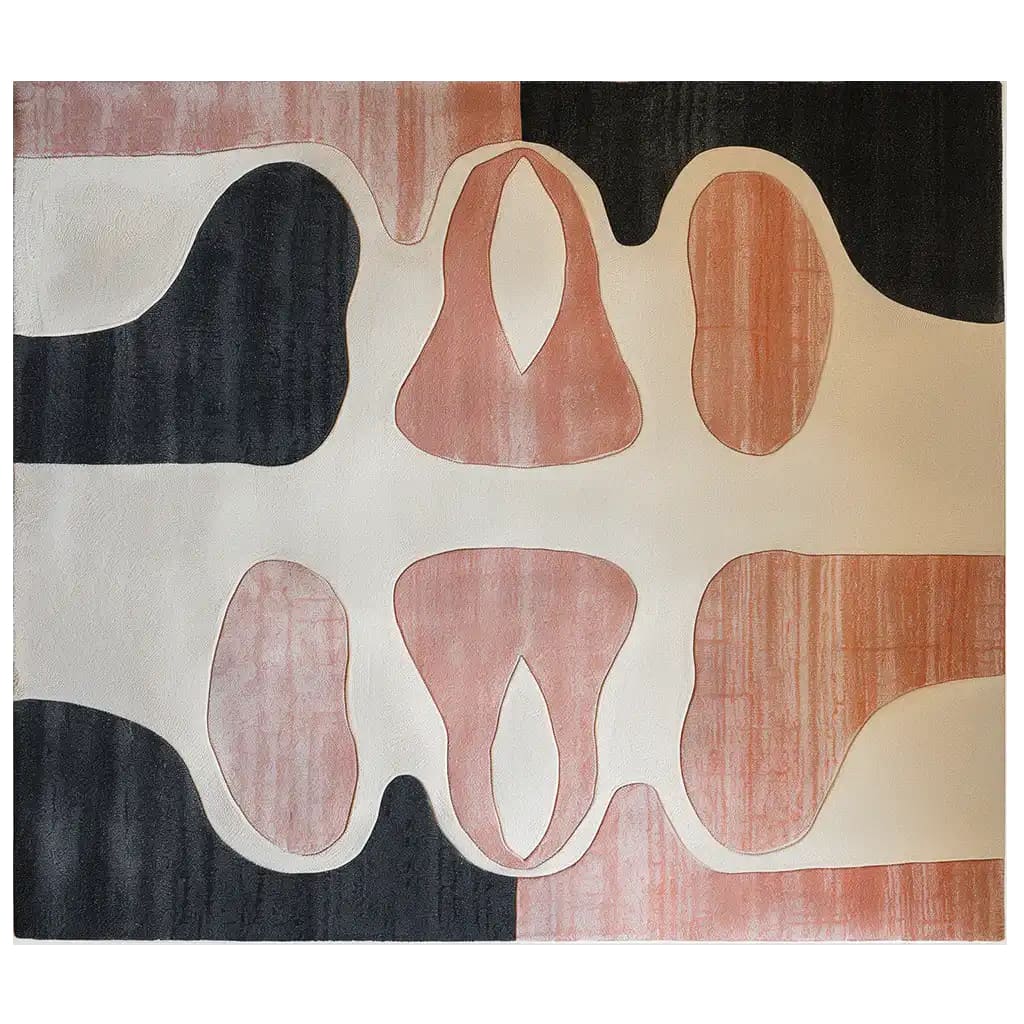 Contemporary area rug in an abstract design with fluid silhouettes in black, white, and earthy tones. This hand tufted wool rug is perfect for adding a modern touch to large living rooms.
