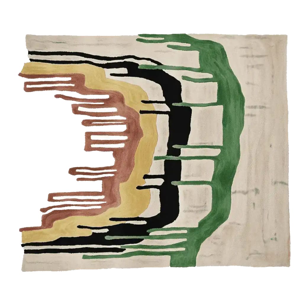Top view of a contemporary area rug with abstract design, featuring fluid patterns in green, black, brown, and beige. This hand-tufted wool rug is perfect for adding a modern touch to any living room.