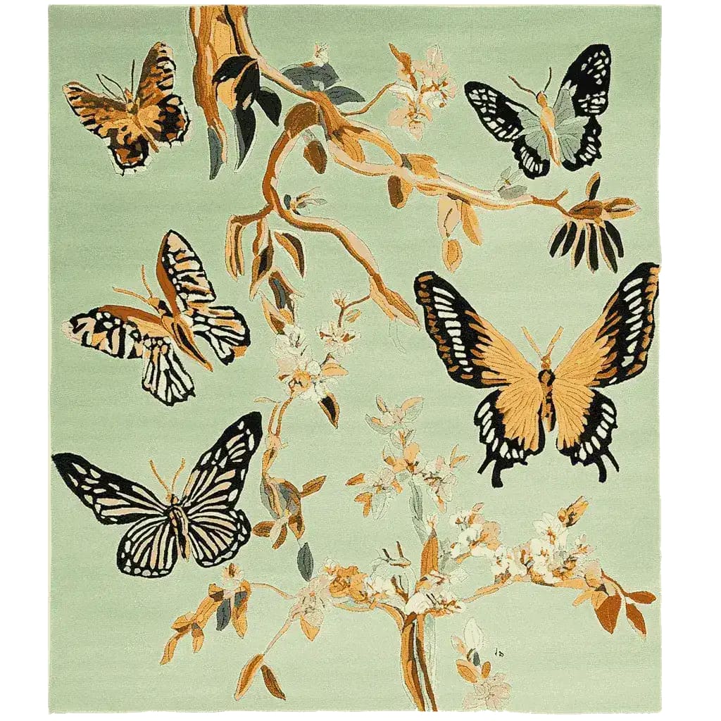This beautiful area rug features a hand-tufted wool design with a stunning butterfly and floral pattern on a soft green background. Ideal for adding a touch of elegance to large living room spaces, this wool rug is both a functional and decorative piece among area rugs for living room settings.
