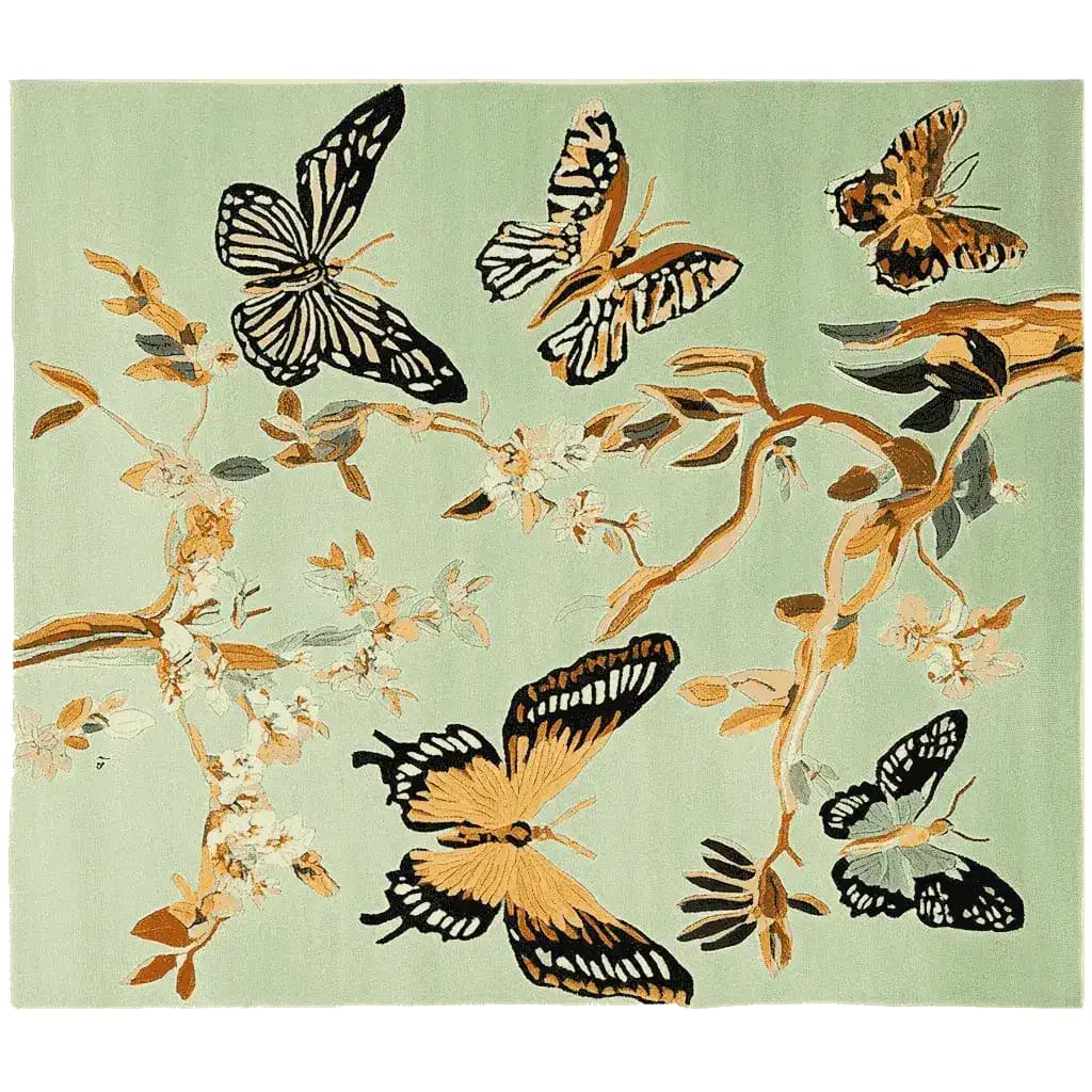A beautifully designed area rug featuring a hand-tufted pattern of butterflies and branches on a soft green background. This wool rug is perfect for adding a touch of elegance to any living room. Ideal as a large living room rug, it combines art and comfort seamlessly.