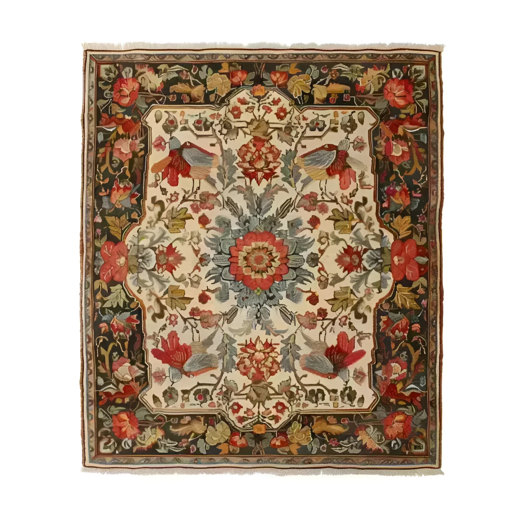 A beautifully intricate Fluttering Bloom hand-knotted area rug showcasing a vintage Persian design with vibrant floral patterns. This elegant 8x10 rug is perfect for adding a touch of sophistication to any living room space.
