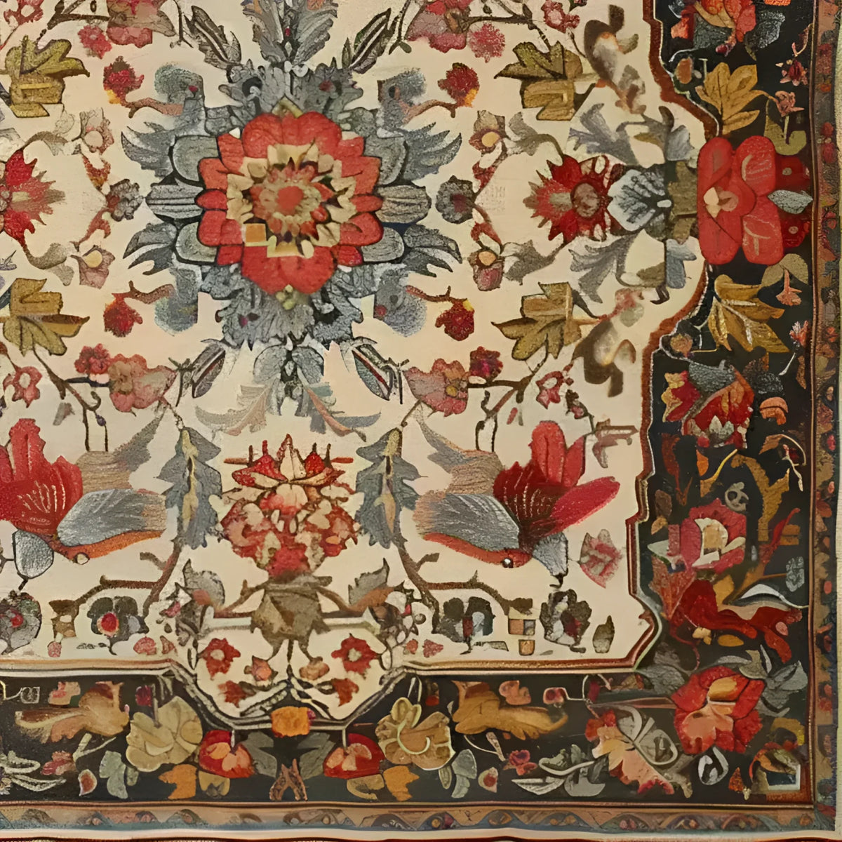 This vintage floral rug, part of the Fluttering Bloom Hand Knotted Area Rug collection, features an intricate design with vibrant red and blue flowers set against a neutral background. Perfect for adding a touch of elegance to any living room, this Persian-style area rug measures 8x10 and combines traditional craftsmanship with modern aesthetics.