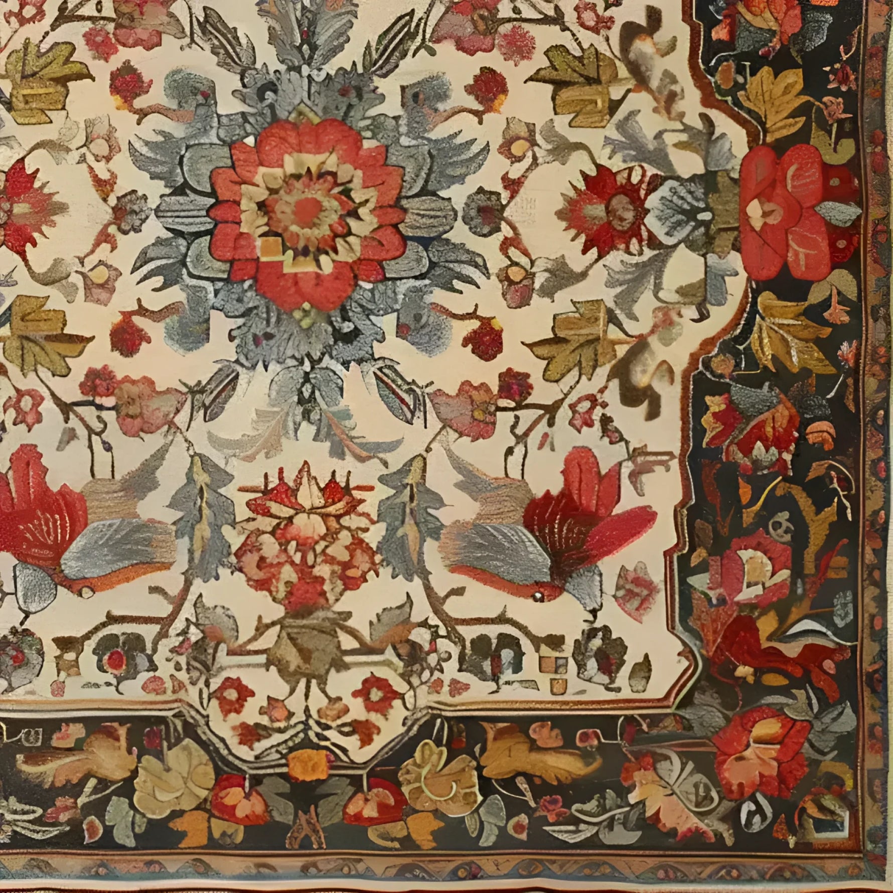 This vintage floral rug, part of the Fluttering Bloom Hand Knotted Area Rug collection, features an intricate design with vibrant red and blue flowers set against a neutral background. Perfect for adding a touch of elegance to any living room, this Persian-style area rug measures 8x10 and combines traditional craftsmanship with modern aesthetics.