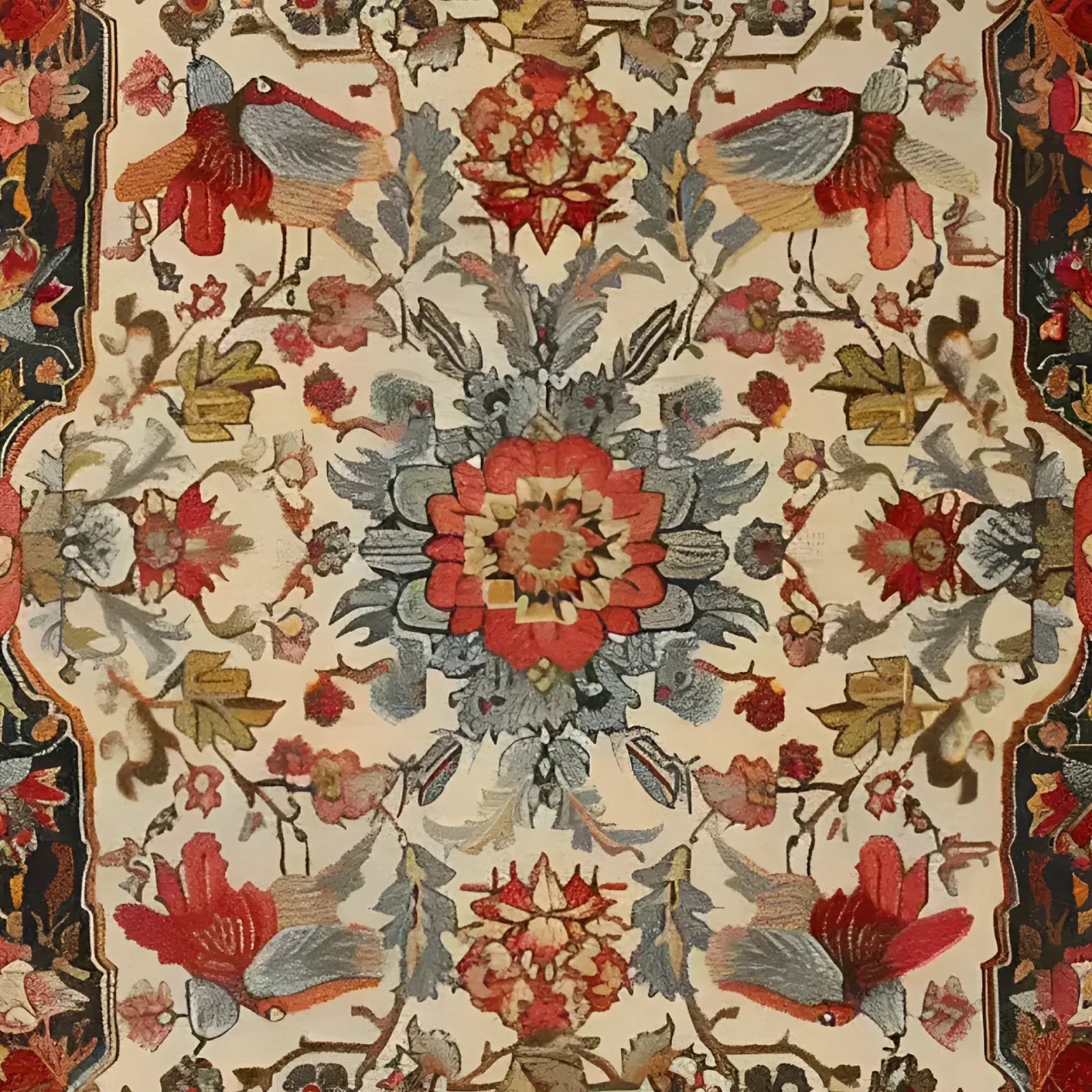 A detailed view of the Fluttering Bloom Hand Knotted Area Rug, showcasing its intricate vintage floral design reminiscent of Persian rugs. This 8x10 living room rug features vibrant red, blue, and earthy tones, ideal for enhancing any space with a touch of elegance.
