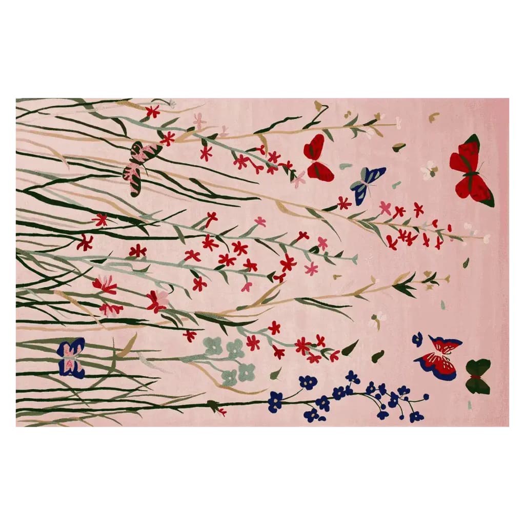 A beautifully crafted area rug titled 'Fluttering Meadows Hand Tufted Rug', showcasing a whimsical design of colorful butterflies and delicate flowers on a soft background. This wool rug is perfect as a large living room rug, ideal for spaces needing an elegant touch. Suitable for living rooms 8x10 in size.
