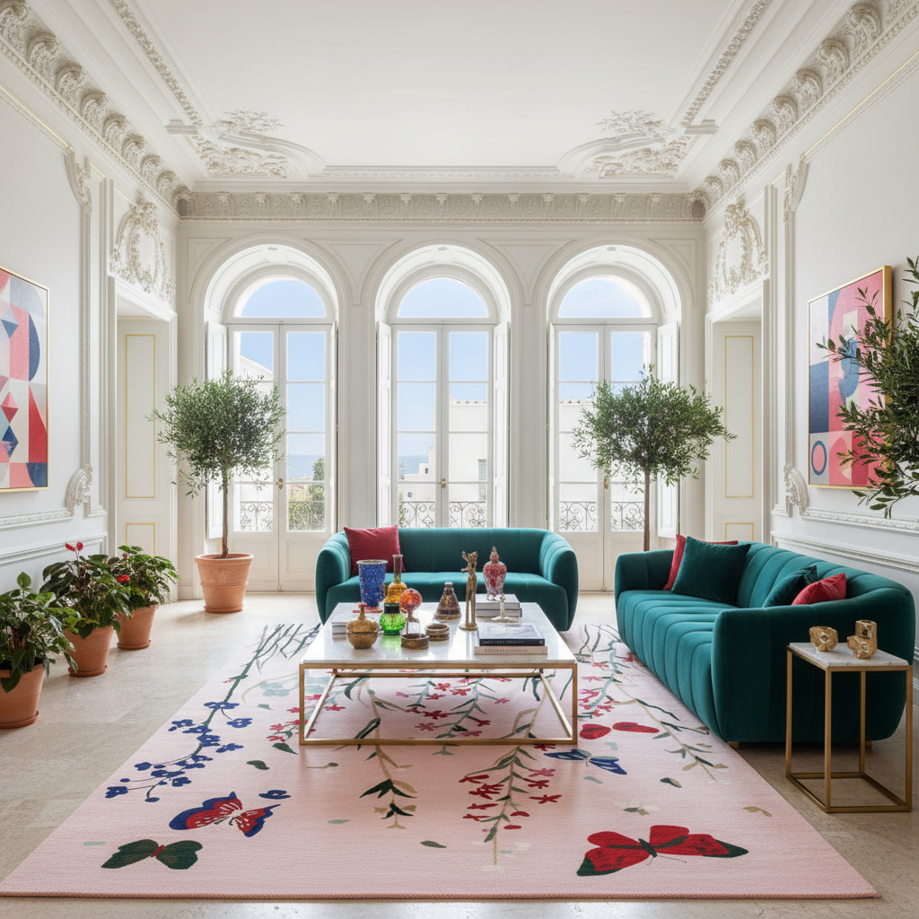 Luxurious living room with teal sofas, a floral rug, and decorative elements.