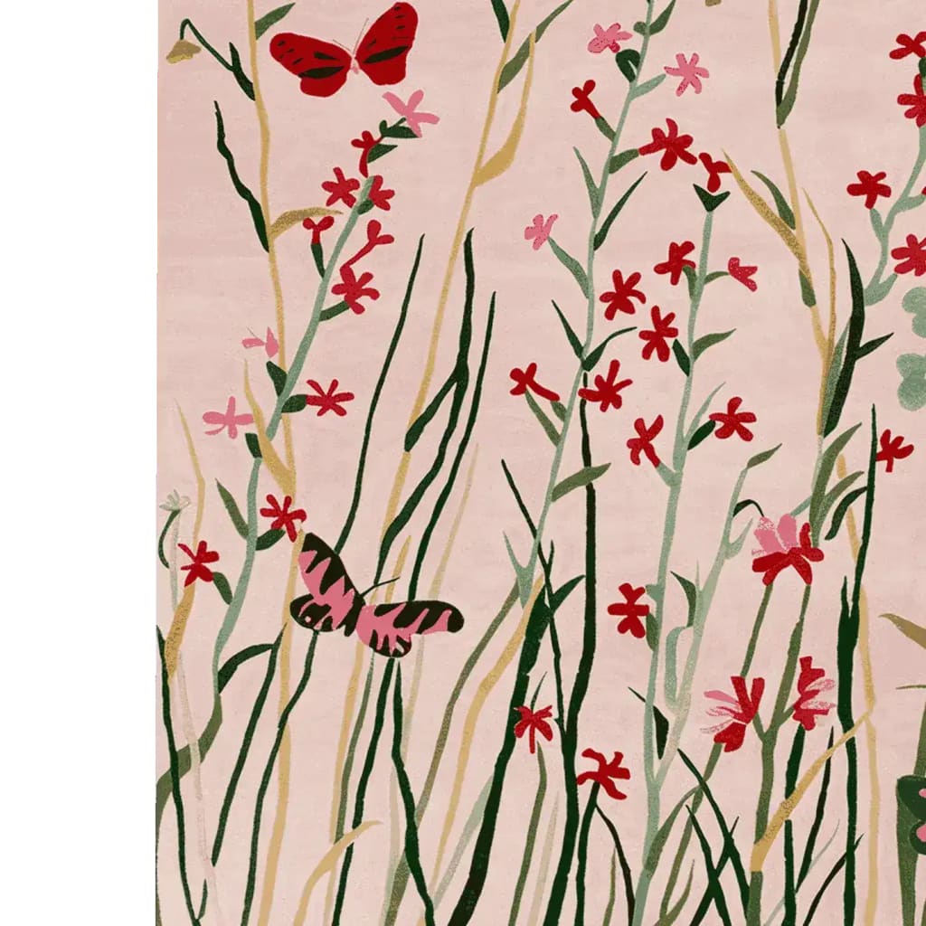 A vibrant area rug depicting a meadow scene with red and pink flowers and playful butterflies on a soft pastel background. This wool rug, ideal for large living rooms, adds a touch of nature's beauty to your space, fitting perfectly in an 8x10 setting.