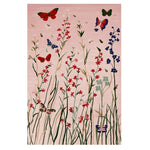 A beautifully designed area rug titled 'Fluttering Meadows Hand Tufted Rug', showcasing a vibrant meadow scene with colorful butterflies and delicate flowers. Made from high-quality wool, this large living room rug, sized 8x10, adds a touch of nature-inspired elegance to any space.