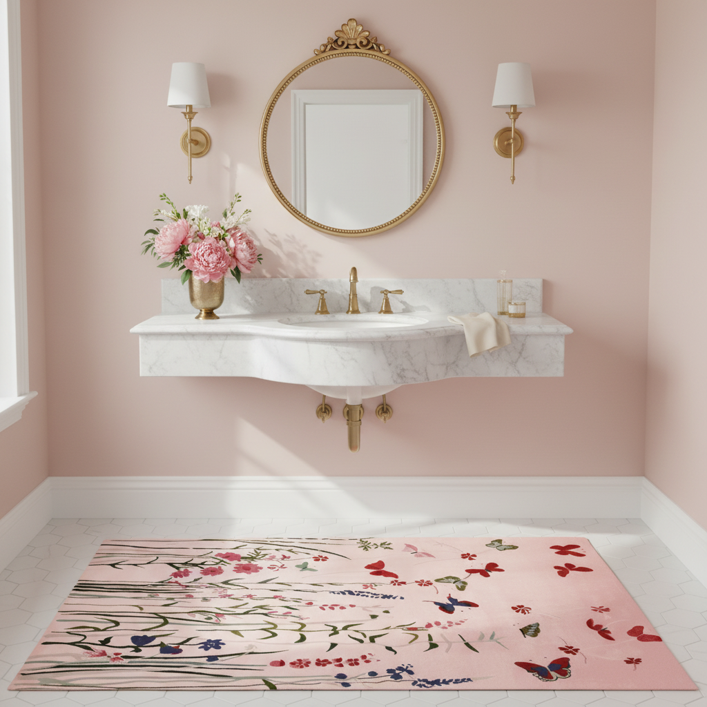 Bathroom with pink walls, a floral rug, and a sink with decorative elements.