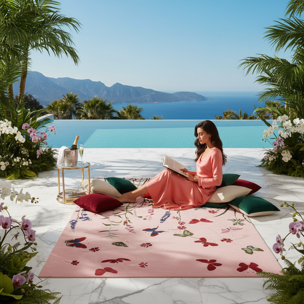 Woman sitting on a floral rug by a pool with a scenic view of mountains and sea.