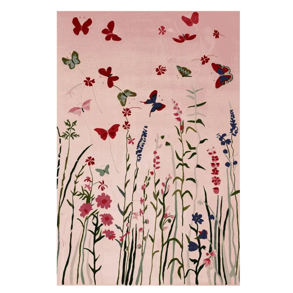Fluttering Serenity Hand Tufted Rug featuring a beautiful design of butterflies and flowers, perfect as a wool rug for your living room area. This area rug showcases vibrant colors and intricate patterns, creating a serene and inviting atmosphere.