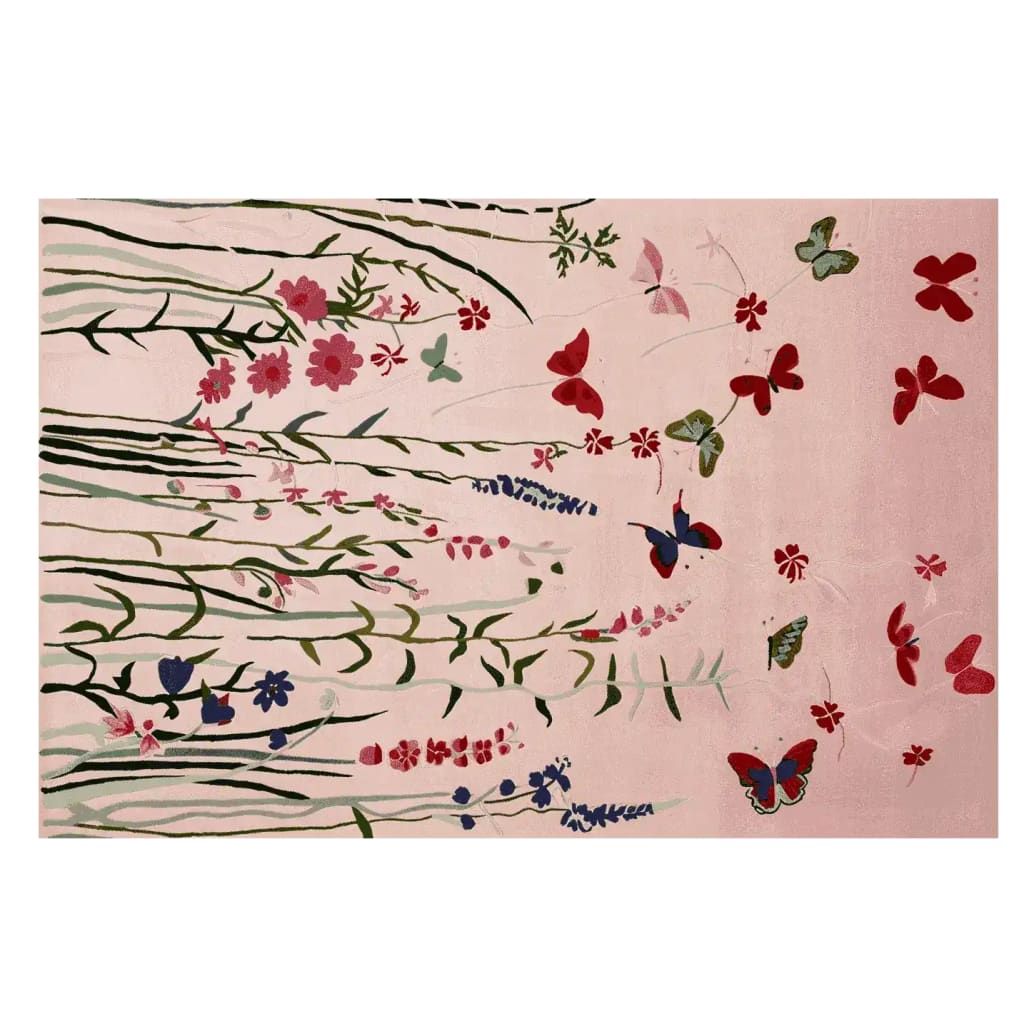 A beautifully designed area rug, titled 'Fluttering Serenity Hand Tufted Rug', showcasing a serene pattern of butterflies and flowers. The wool rug features intricate floral designs in red, blue, and green on a soft pink background, making it an ideal choice for living room area rugs.