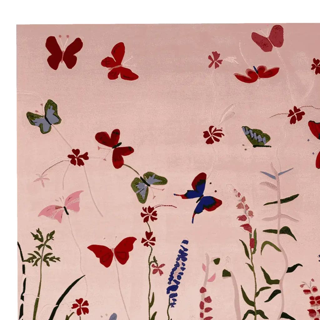 Top view of the Fluttering Serenity Hand Tufted Area Rug featuring a whimsical design with colorful butterflies and floral motifs. This wool rug adds a touch of nature-inspired elegance to living room area rugs, perfect for creating a serene and inviting atmosphere.