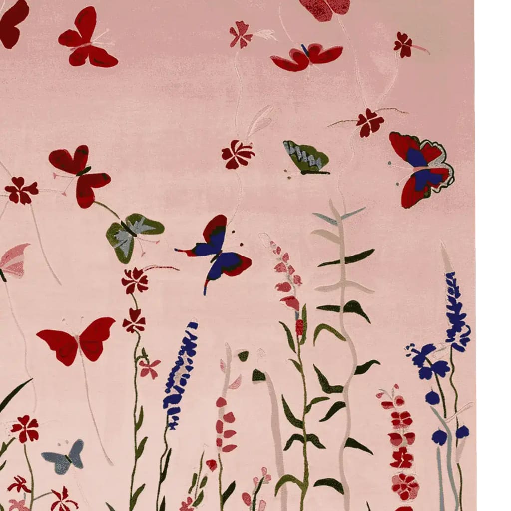 A beautiful area rug titled 'Fluttering Serenity Hand Tufted Rug' featuring a whimsical design of butterflies and floral patterns. This wool rug, perfect for living room area rugs, showcases vibrant red, blue, and green butterflies against a soft pink background, adding a touch of elegance and nature-inspired charm to any space.