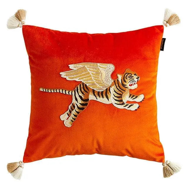 Flying Angelic Wing Tiger Embroidered Throw Pillow Cover Red Flying Tiger