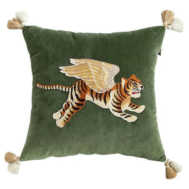 Flying Angelic Wing Tiger Embroidered Throw Pillow Cover Green Flying Tiger