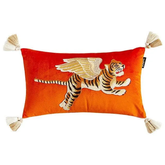 Flying Angelic Wing Tiger Embroidered Throw Pillow Cover Red Flying Tiger Lumbar