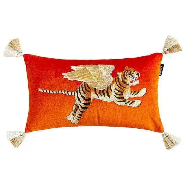 Flying Angelic Wing Tiger Embroidered Throw Pillow Cover Red Flying Tiger Lumbar
