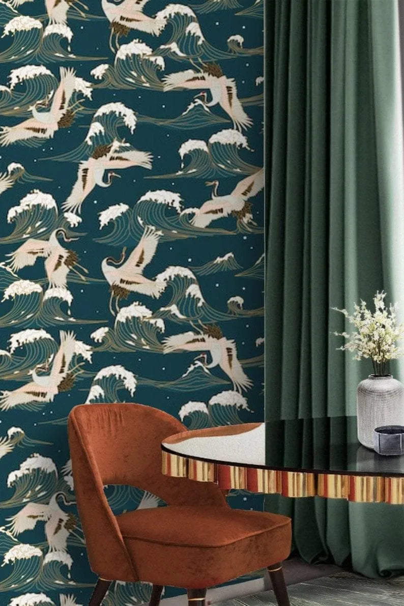 Flying Cranes Over Chinoiserie Blue Ocean Wallpaper