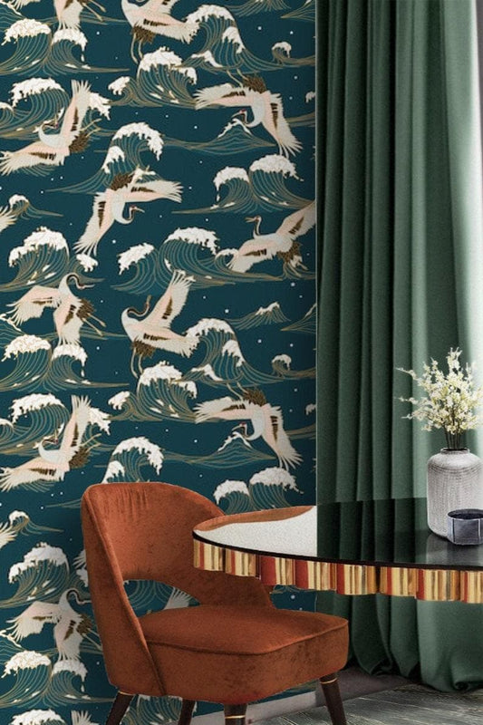 Flying Cranes Over Chinoiserie Blue Ocean Wallpaper - MAIA HOMES