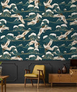 Flying Cranes Over Chinoiserie Blue Ocean Wallpaper