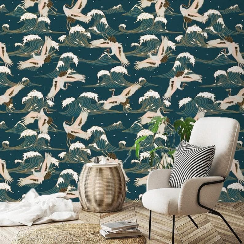 Flying Cranes Over Chinoiserie Blue Ocean Wallpaper