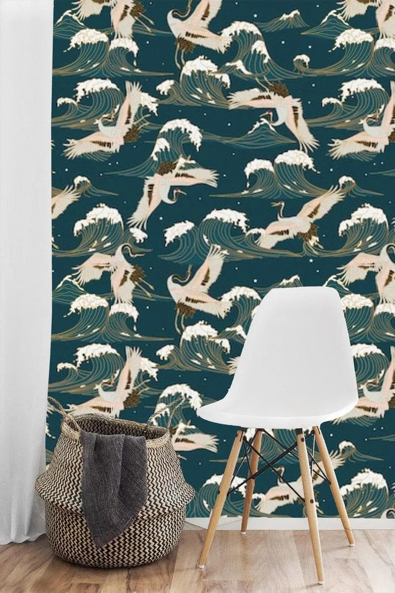 Flying Cranes Over Chinoiserie Blue Ocean Wallpaper