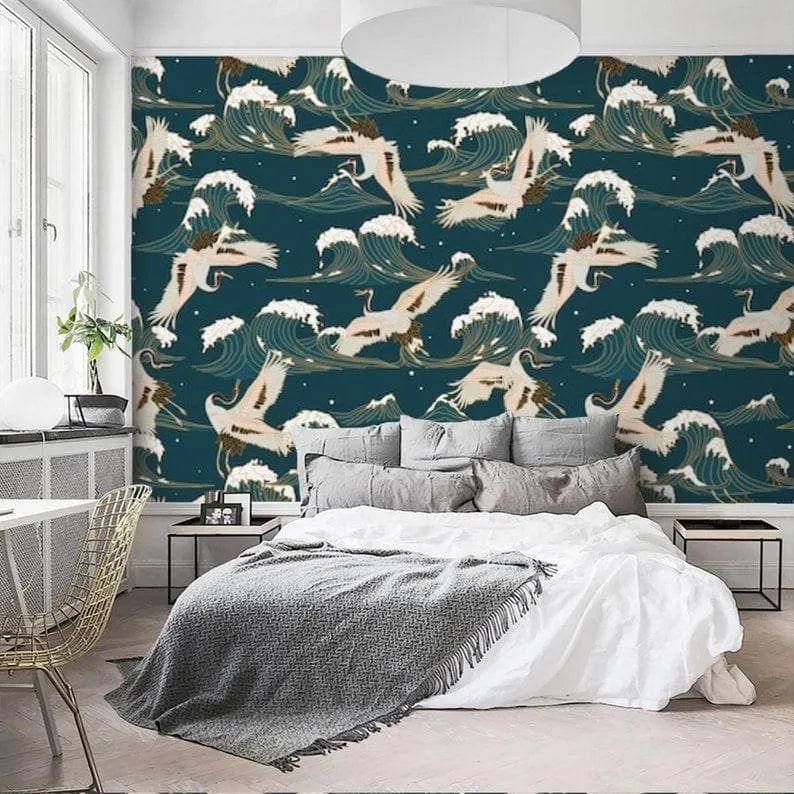 Flying Cranes Over Chinoiserie Blue Ocean Wallpaper