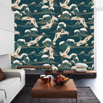 Flying Cranes Over Chinoiserie Blue Ocean Wallpaper