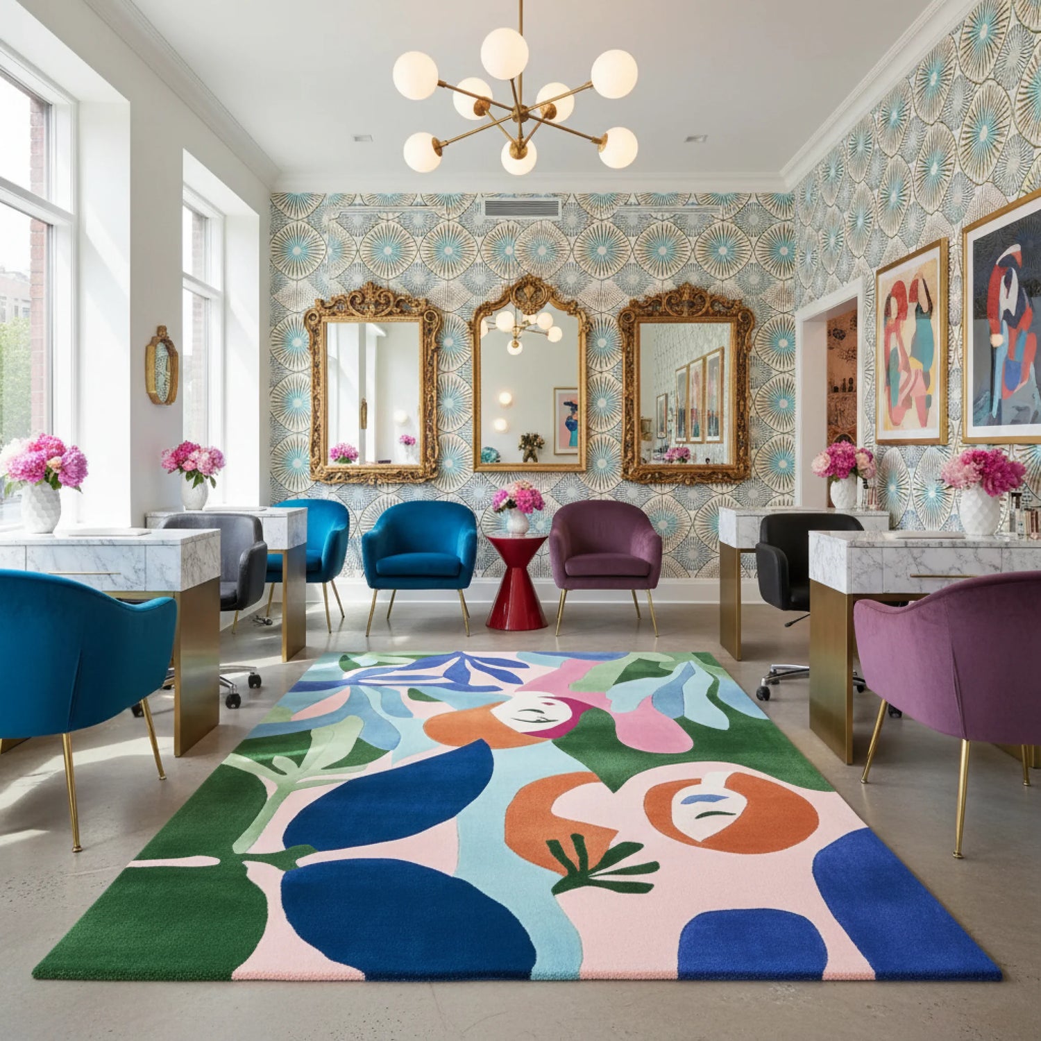 Modern office with colorful floral rug, patterned walls, and decorative mirrors.