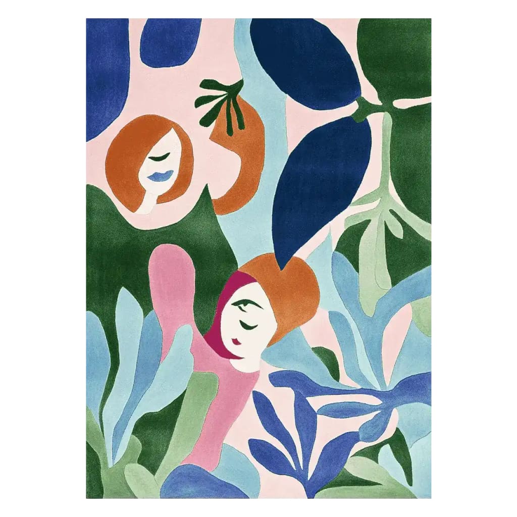 Vibrant and artistic Foliage Dreamscape Muse hand-tufted area rug featuring abstract patterns and rich colors, perfect for adding a contemporary touch to your living room. This wool rug combines bold blues, greens, and warm tones, making it an ideal choice for those seeking unique area rugs for living room decor.