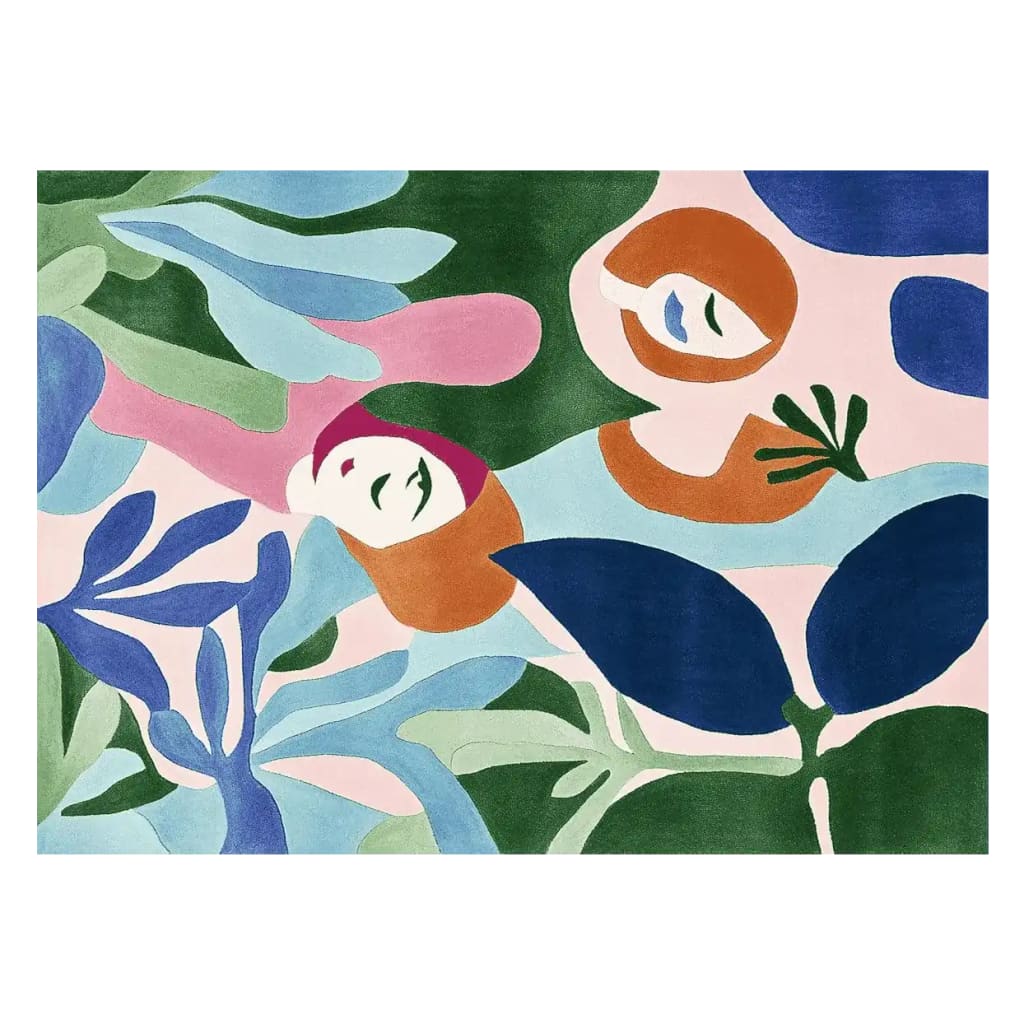 A vibrant area rug featuring an abstract foliage design in a mix of blue, green, pink, and orange tones. This wool rug offers a contemporary flair, perfect for adding a splash of color to living room spaces. The intricate pattern makes it an ideal choice for area rugs for living rooms.