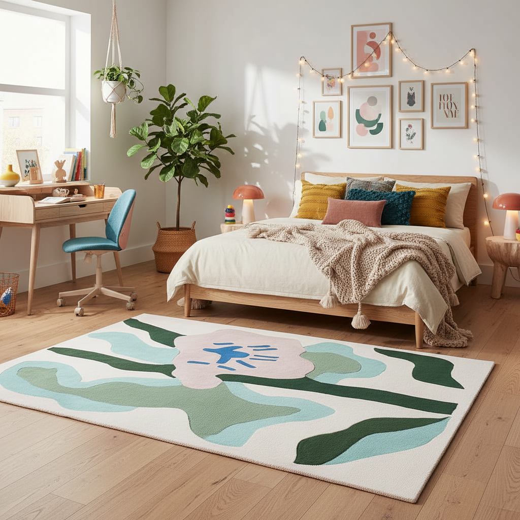 Decorative bedroom with a floral rug, bed, and desk.