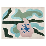 Colorful area rug with abstract design, featuring green, blue, and pink shapes, perfect as a contemporary wool rug for large living room spaces.