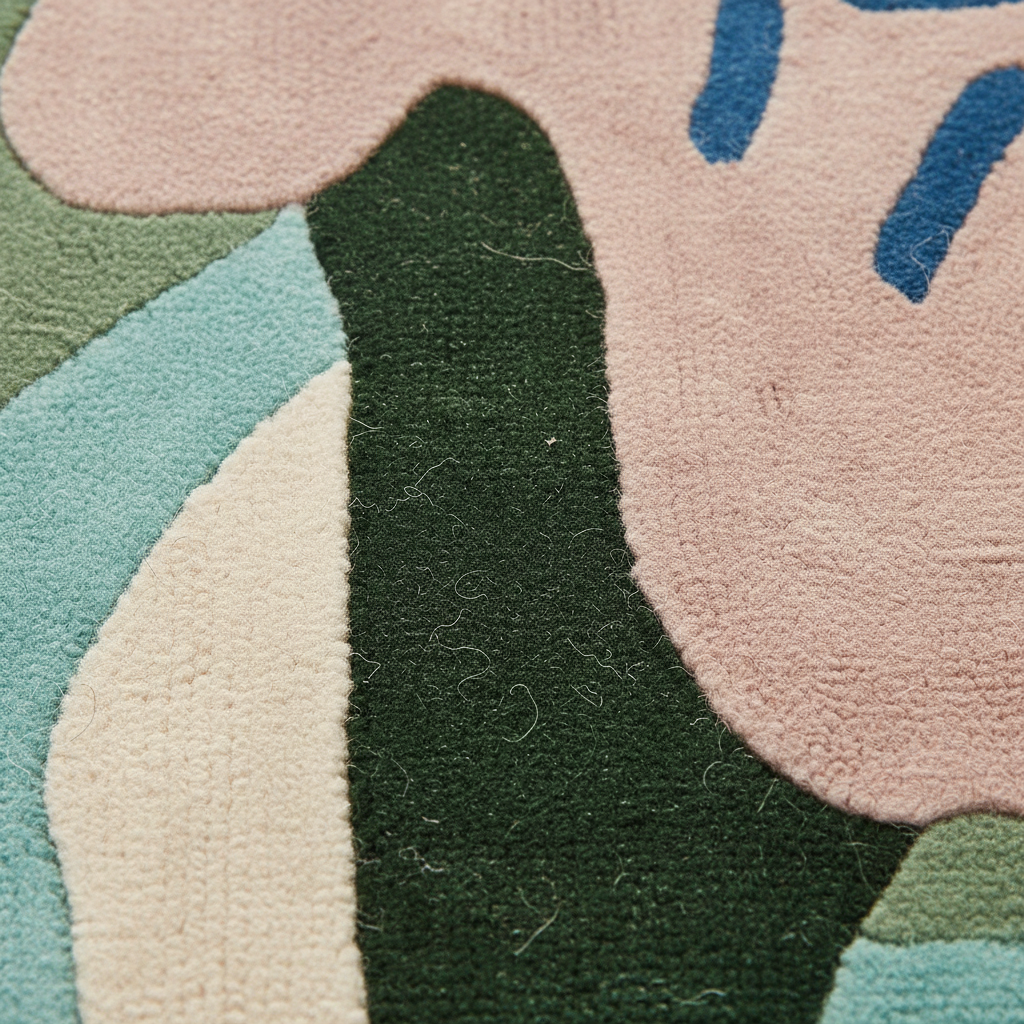 Close-up of a textured rug with abstract shapes in green, pink, blue, and beige.