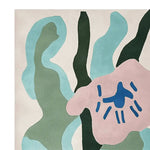 A vibrant, hand-tufted area rug featuring an abstract design with swirling patterns in shades of green, blue, and pink. This contemporary wool rug is perfect for adding a touch of modern elegance to large living rooms, showcasing artistic flair and creativity.